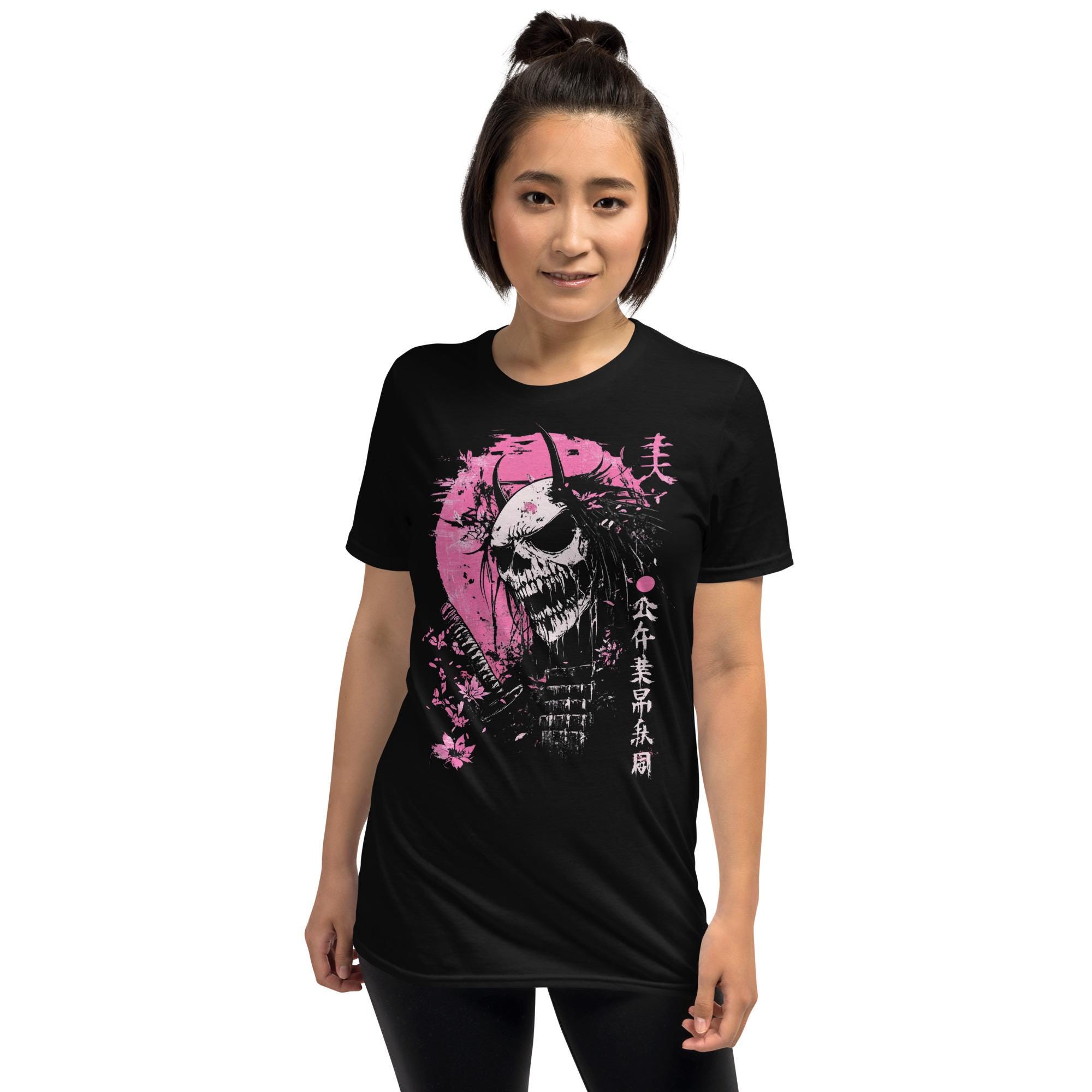 Samurai Skull T-Shirt – Unisex Bold Pink Japanese Graphic Tee – Artistic and Edgy Design