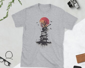 Camiseta gráfica Guitar and Books Sunset - Camiseta literaria artística - Ropa casual unisex - Regalo perfecto para amantes de la música y los libros