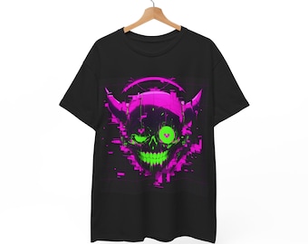 Camiseta Neon Demon Skull – Camiseta Cyberpunk Vibes – Camisa con gráfico de neón vanguardista