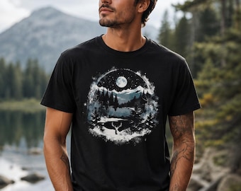 Camiseta Bosque Iluminado por la Luna, Camiseta con Estampado de Ciervo de Montaña, Regalo para Amantes de la Naturaleza