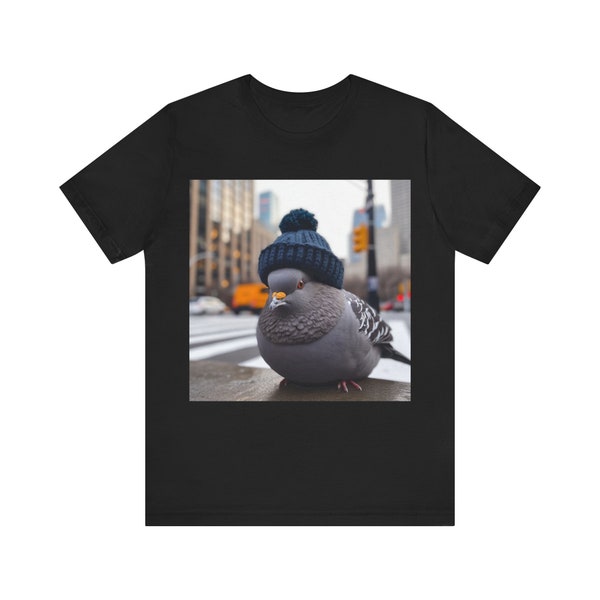 Urban Pigeon in Beanie Tee - Quirky City Bird T-Shirt | Unisex Black Streetwear | Casual Chic & Hipster Fashion