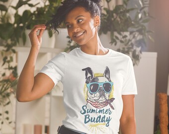 Summer Buddy Dog T-Shirt | Cute Dog Lover Tee | Summer Dog Graphic Shirt | Fun Pet Owner Apparel | White Casual Tee
