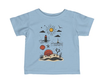 Kids Seaside Adventure Tee - Light Blue Coastal Themed T-Shirt, Toddler Ocean Graphic Top