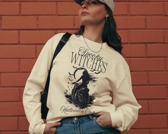Camiseta de manga larga con estampado de bruja vintage, estilo retro de Halloween, top gótico de otoño.
