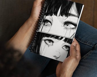 Cuaderno espiral con diseño de ojos llorosos de manga, diario con estética anime, cuaderno emocional en blanco y negro. Regalo ideal.