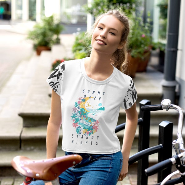 Sunny Days & Starry Nights T-Shirt - Floral Quote Tee, Women's Summer Fashion Top, Casual Graphic Shirt, Inspirational Nature Crop Tee