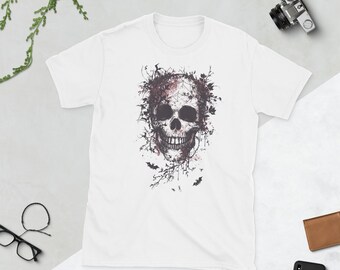 Unisex Schädel Natur T-Shirt - Komplizierte Schädel- und Zweiggrafik - Einzigartige Halloween- und Freizeitkleidung