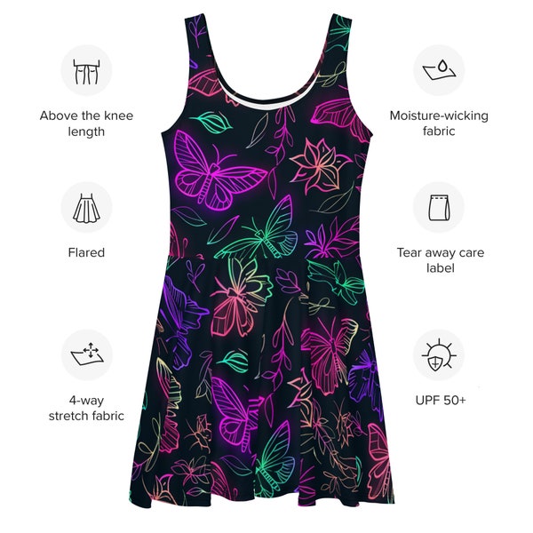 Neon Butterfly Skater Dress: Vibrant Floral Graphic Print