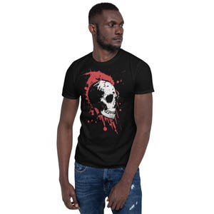 Grunge Skull T-Shirt – Unisex Red Splatter Gothic Graphic Tee – Perfect for Alternative Fashion Lovers