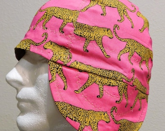 Animal Print Cotton Welding Cap, Reversible Leopard Print Pink Welding hat Custom Made to Order Gifts for Welders