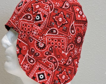 Red Bandana Welder Cap Bandana Welding Cap Reversible 100% Cotton Decorative Stitching Custom Made to Order Welder Cap Gifts for him