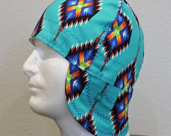 Aztec Turquoise Blue Southwest Welder Cap Custom Native Welding Cap Decorative Stitching Made to order Reversible