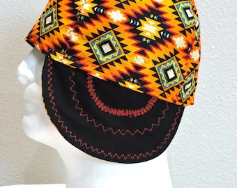 Native Welding Cap, Aztec Welder Cap, Reversible, 100% Cotton, Decorative Stitching, Made To Order, Gifts for him
