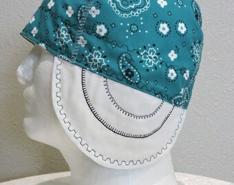 Teal Bandana Welders Cap, Turquoise Welding Cap, Reversible, Made to order, 100% Cotton, Gifts for Dad, Gifts for him