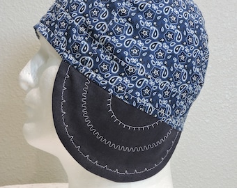Navy Blue Bandana Welders Cap, Navy Blue Welding Cap, Reversible, 100% Cotton, Made to Order, Custom Fit, Welder Cap,  Gifts for him
