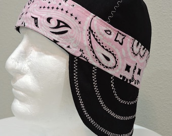 Pink/Black Bandana Welding Welder Cap Reversible 100% Cotton Pink Bandana Cap Heavy Duty Industrial Cap Decorative Stitching