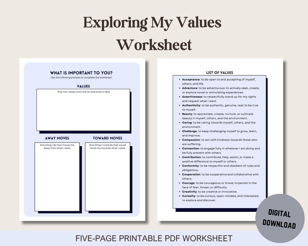 Exploring Your Values Worksheet ACT Values ACT Worksheet - Etsy