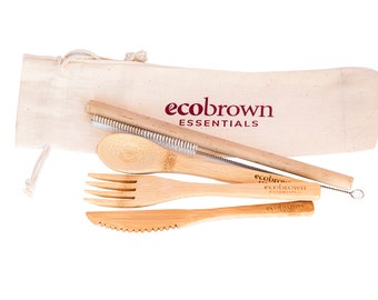 Handmade Eco-Friendly Reusable Bamboo Cutlery Set with Organic Cotton Pouch & Hemp Cleaning Brush | Zero Waste Bamboo Cutlery Set