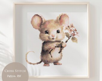 かわいいネズミのクロスステッチパターン|ネズミの花の刺繍デザイン かわいいネズミのクロスステッチパターン|ネズミの花の刺繍デザイン