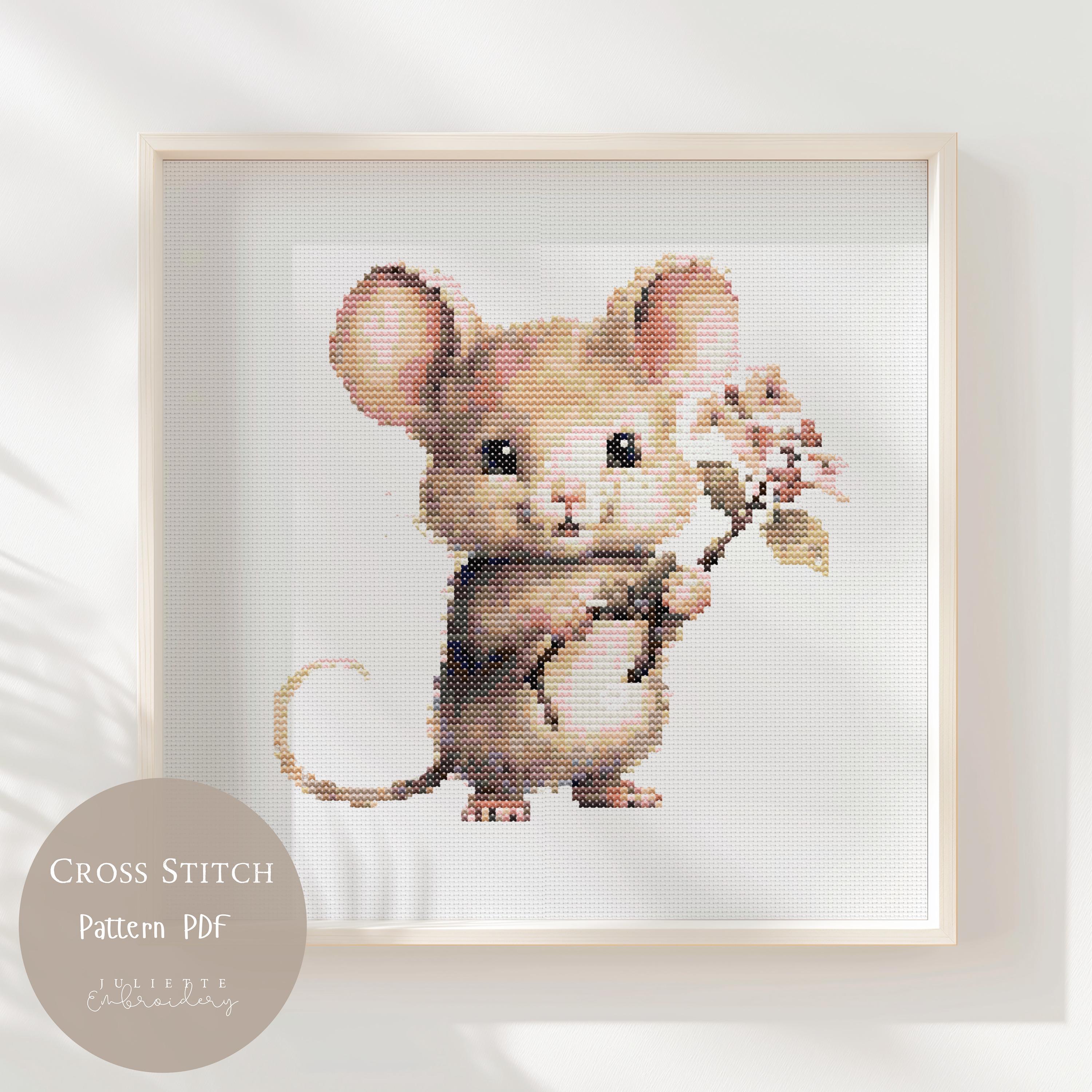 かわいいネズミのクロスステッチパターン｜ネズミの花の刺繍デザイン