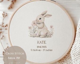 Pink Rabbit Personalized Baby Birth Announcement Cross Stitch Pattern, Custom Newborn Stats Embroidery, Baby Shower,Nursery Decor PDF | 358