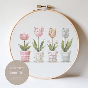 Patrón de punto de cruz: Tulipanes, flores, bordados florales en PDF, diseños modernos de punto de cruz, patrón digital de punto de cruz, 225