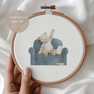 Cross Stitch Pattern Blue Teddy Bear on Sofa | Nursery Embroidery Designs PDF | Modern Baby Room boy | 456 image 6