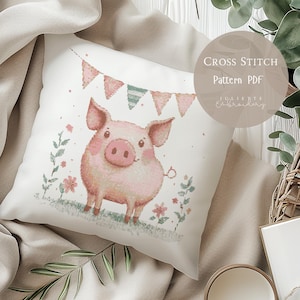 Fête de cochon drôle de motif de point de croix | Motifs de broderie pour chambre d&#39;enfant avec animaux de la ferme PDF | Modèle de conception numérique moderne au point de croix | 287