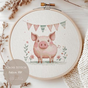 Fête de cochon drôle de motif de point de croix | Motifs de broderie pour chambre d&#39;enfant avec animaux de la ferme PDF | Modèle de conception numérique moderne au point de croix | 287