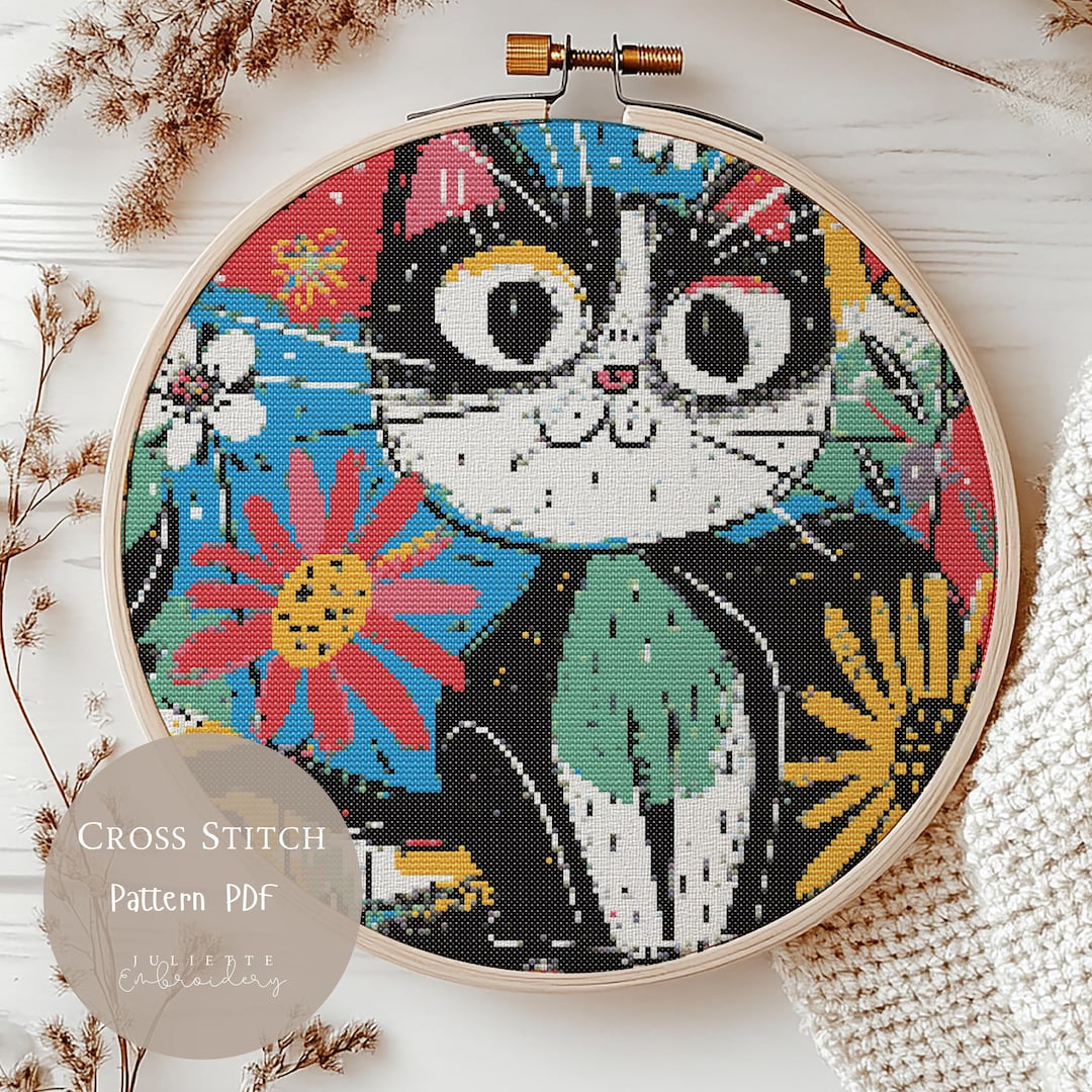 かわいい猫のピカソ風クロスステッチパターン | 刺繍デザイン PDF