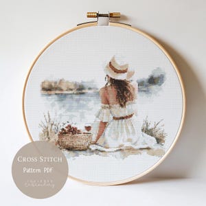 Patrón de punto de cruz Mujer Lago / Niña de picnic Diseños de bordado PDF / Diseños de punto de cruz modernos / Patrón de punto de cruz digital / 143