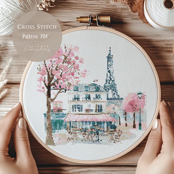 クロスステッチパターン パリ市 | 都市景観刺繍デザイン PDF | モダン