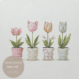 Patrón de punto de cruz: Tulipanes, flores, bordados florales en PDF, diseños modernos de punto de cruz, patrón digital de punto de cruz, 225