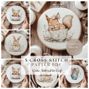 Puede incluir: Una colección de cinco patrones de punto de cruz con animales lindos en tazas. Los diseños incluyen un zorro, una ardilla, un conejo y un gatito, todos en tazas florales. El texto "Cross Stitch Pattern PDF" es visible.