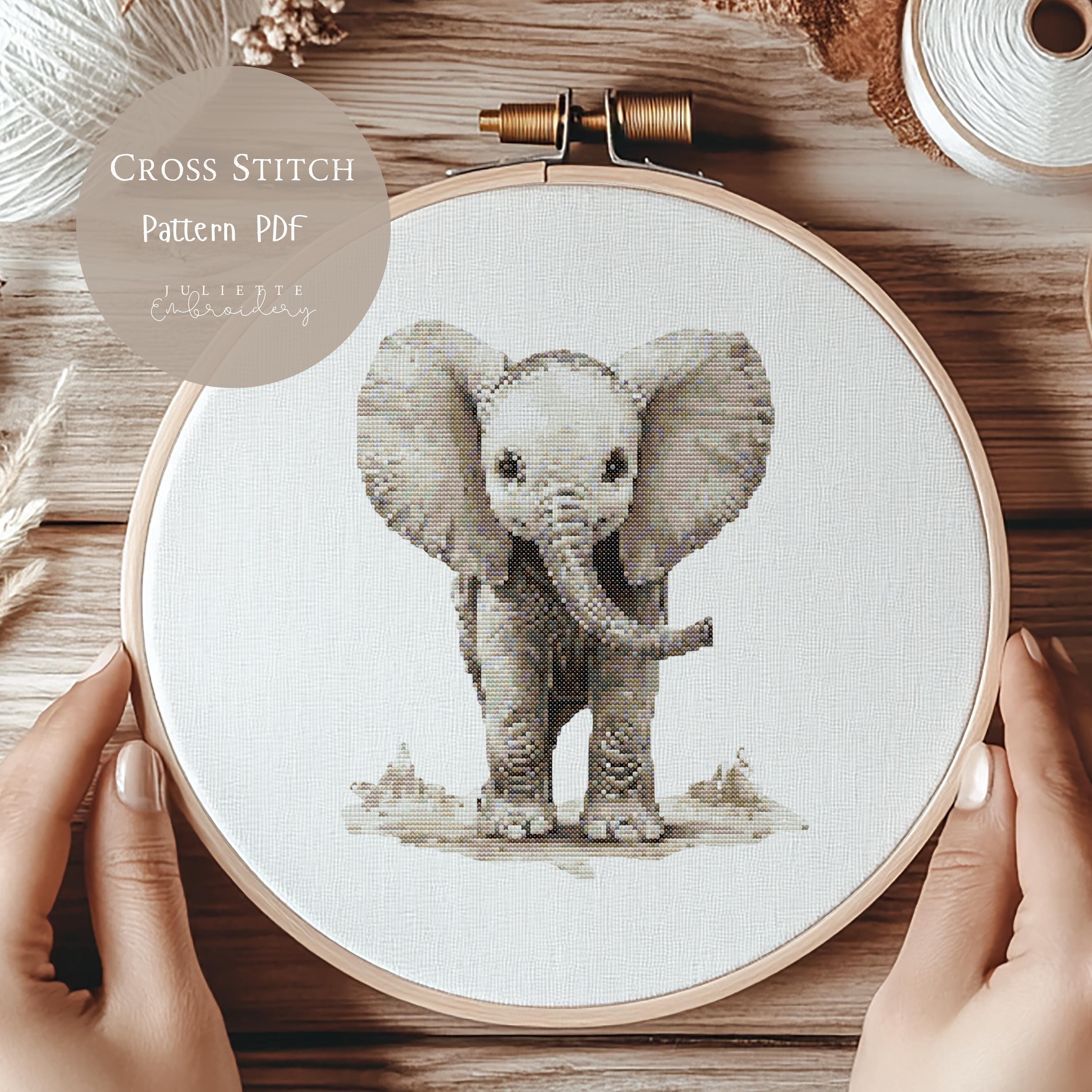 クロスステッチパターン 象 | ワイルドサファリ動物刺繍デザイン PDF