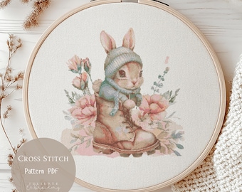 かわいいウサギのクロスステッチパターン | ウサギのピンクの花の刺繍