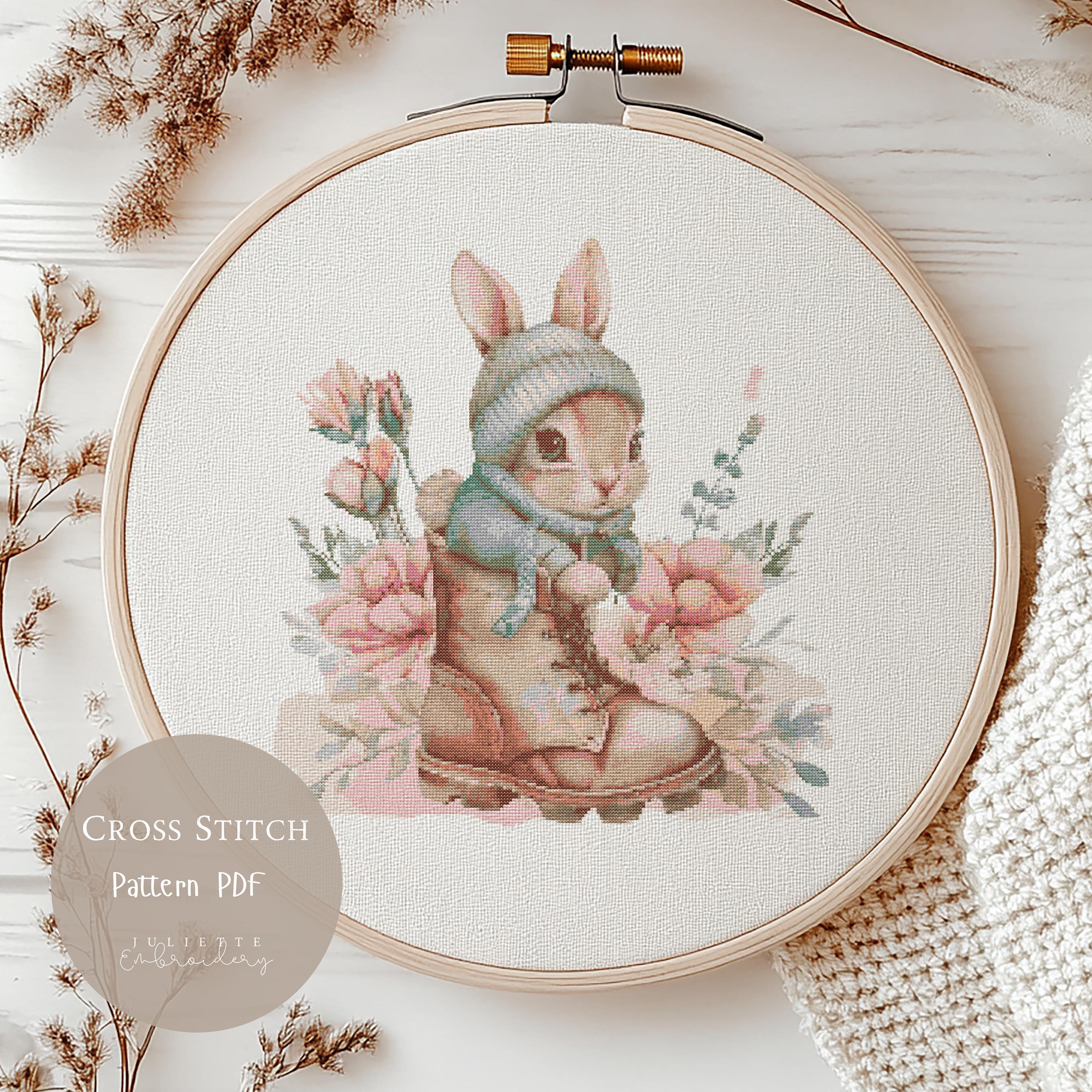 かわいいウサギのクロスステッチパターン | ウサギのピンクの花の刺繍