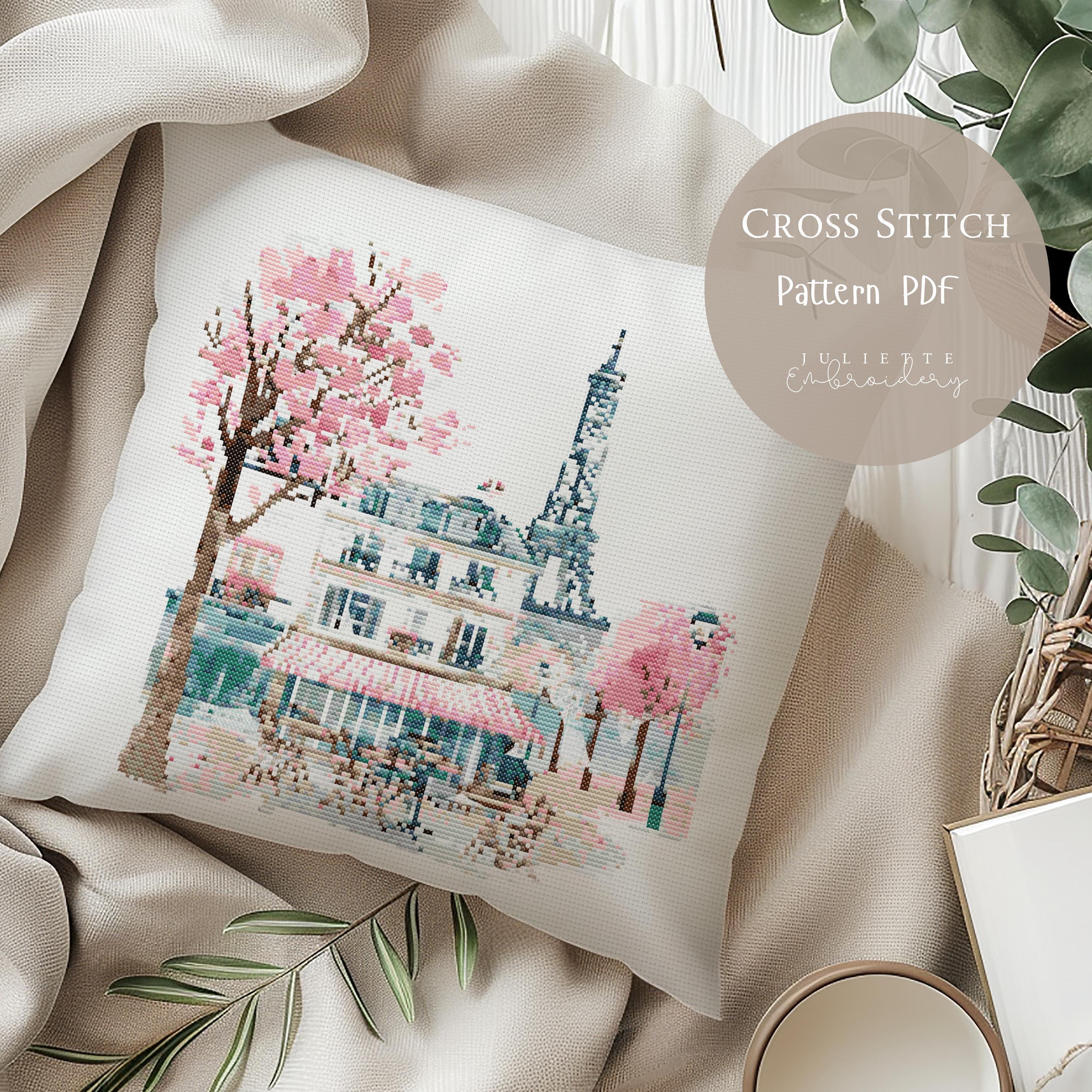 クロスステッチパターン パリ市 | 都市景観刺繍デザイン PDF | モダン