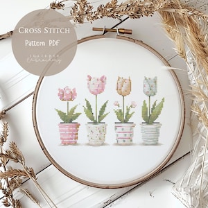 Patrón de punto de cruz: Tulipanes, flores, bordados florales en PDF, diseños modernos de punto de cruz, patrón digital de punto de cruz, 225