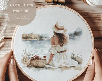 クロスステッチパターン 湖の女性 | ピクニックガールの刺繍デザイン