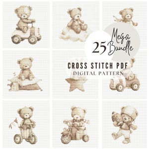 Può includere: Una collezione di schemi digitali a punto croce con 25 disegni di orsacchiotti marroni. Le immagini a griglia mostrano orsi su veicoli, nuvole e stelle. Il testo sull'immagine recita Mega 25 Bundle CROSS STITCH PDF DIGITAL PATTERN.