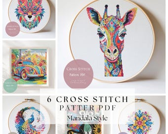 Bundle 6 Cross Stitch Pattern Mandala Animal | Mandala Style Animal Embroidery Design PDF| Modern Cross Stitch Designs Digital Pattern | 234