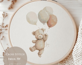 Kruissteekpatroon teddybeerballonnen | Terracotta teddybeer borduurontwerpen kinderkamer pdf| Modern digitaal kruissteekpatroon| 352