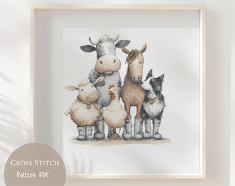 Patrón de punto de cruz Animales de la granja / Vaca, Burro, Cerdo, Diseños de bordado PDF / Diseños modernos de punto de cruz / Patrón digital de punto de cruz / 322