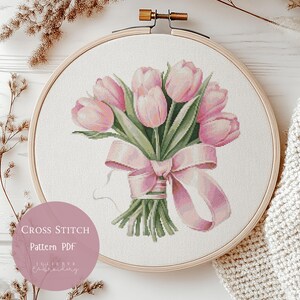 Patrón de punto de cruz: Tulipanes, flores, bordados florales en PDF, diseños modernos de punto de cruz, patrón digital de punto de cruz, 137
