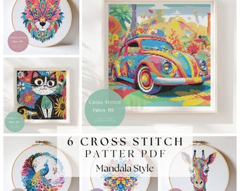 Bundle 6 Cross Stitch Pattern Mandala Animal | Mandala Style Animal Embroidery Design PDF| Modern Cross Stitch Designs Digital Pattern | 234