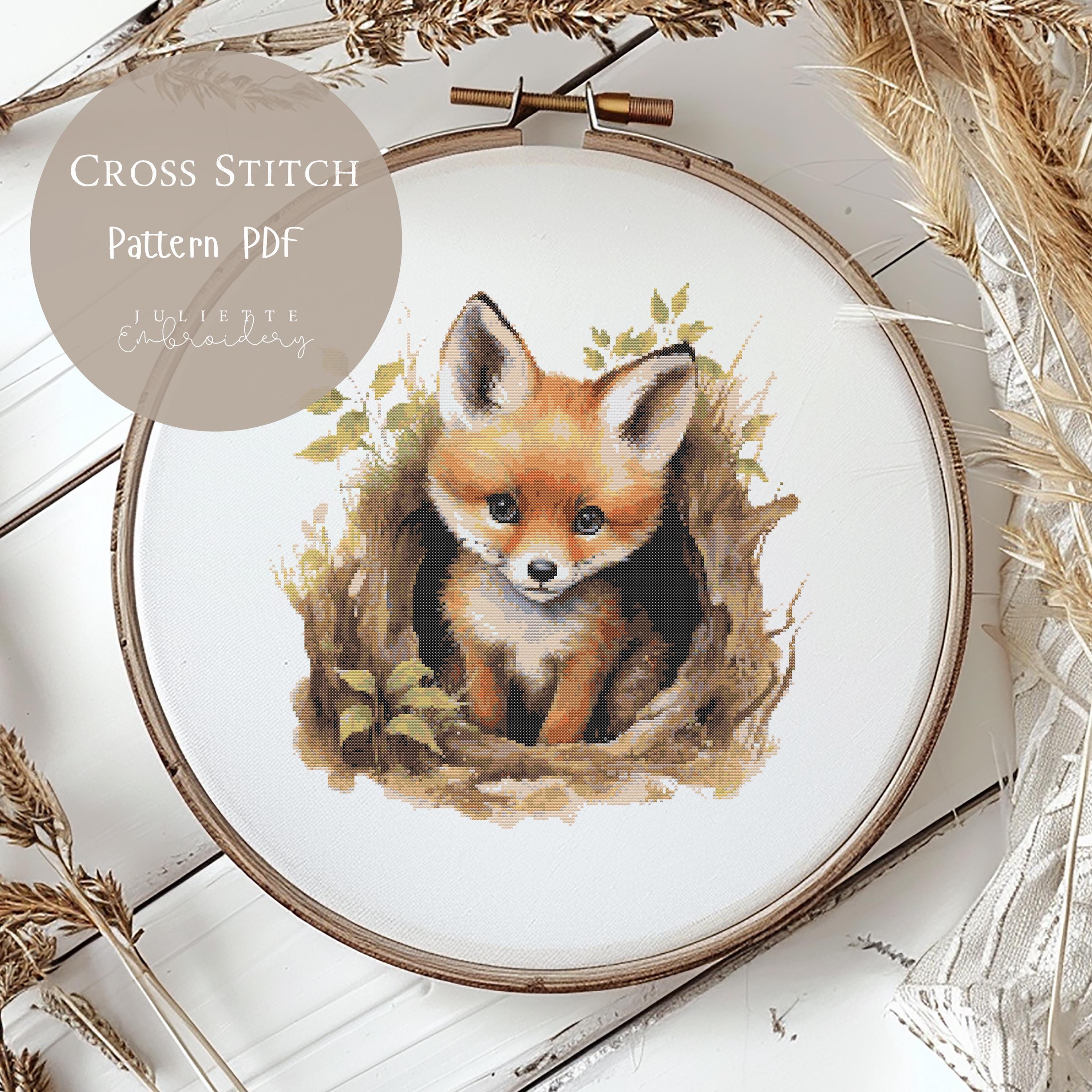 かわいいキツネのクロスステッチパターン | 森のキツネの刺繍デザイン