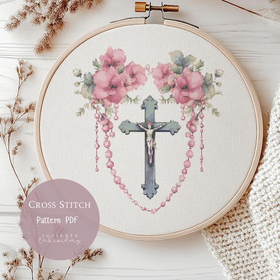 クロスステッチパターン ピンクの花のロザリオ | 刺繍デザイン PDF