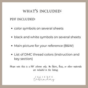 May include: A digital document listing contents: color symbols on several sheets, black and white symbols on several sheets, a reference image in black and white, and a list of DMC thread colors. Text states it is a PDF scheme only.