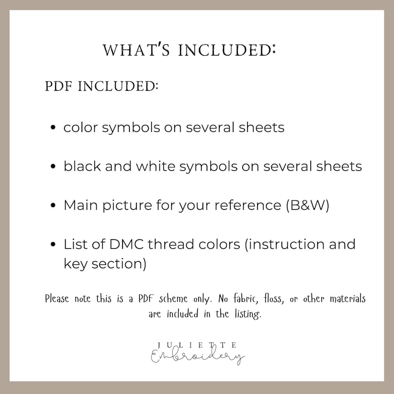 May include: A digital document listing contents: color symbols on several sheets, black and white symbols on several sheets, a reference image in black and white, and a list of DMC thread colors. Text states it is a PDF scheme only.